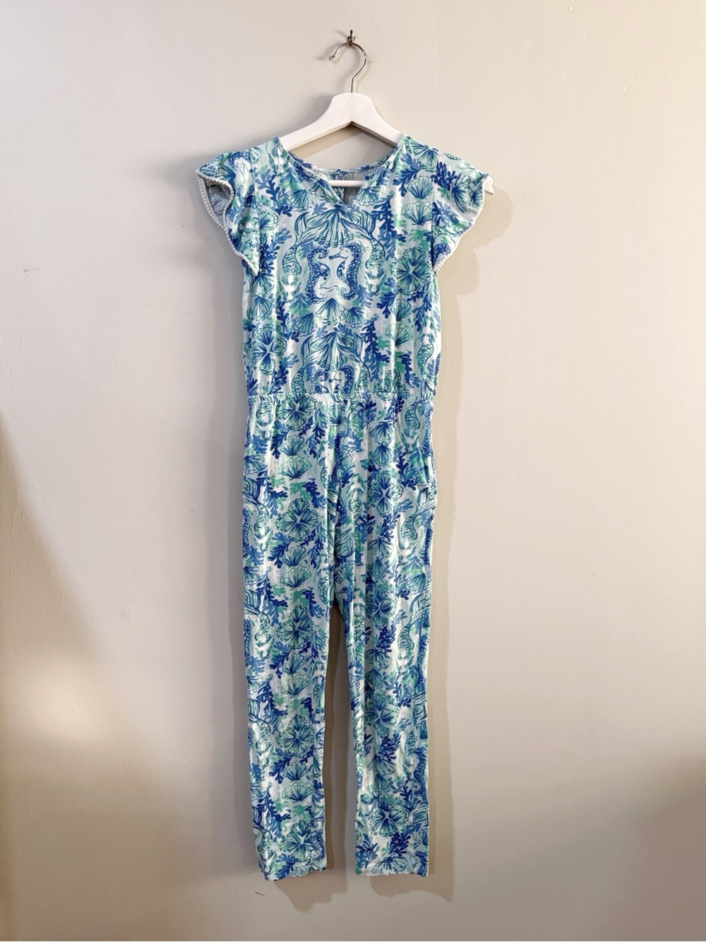 Lilly Pulitzer Women Blue Green Floral Cotton Jumpsuit Ruffle Sleeve Resort